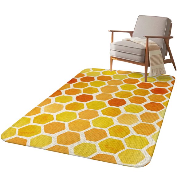 5.25'x6.56' Area Rug for Living Room, Orange Yellow Hexagon Non Slip Soft Rugs for Bedroom Dining Room, Washable Low Pile Rugs Kitchen Floor Mat Throw Carpet Summer Farmhouse Abstract Geometric