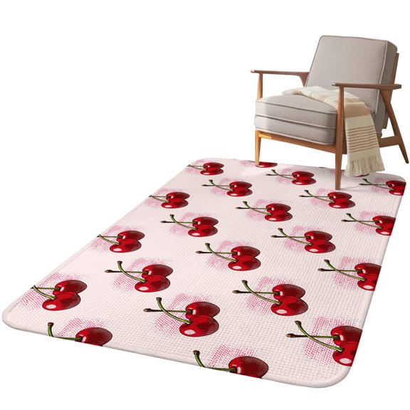 5.25'x6.56' Area Rug for Living Room, Pink Cherry Non Slip Soft Rugs for Bedroom Dining Room, Washable Low Pile Rugs Kitchen Nursery Floor Mat Throw Carpet Farmhouse Watercolor Cherries Fruits