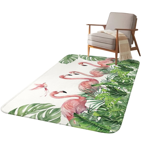 5.25'x6.56' Area Rug for Living Room, Pink Flamingo Rustic Non Slip Soft Rugs for Bedroom Dining Room, Washable Low Pile Rugs Kitchen Floor Mat Throw Carpet Tropical Summer Palm Leaves Watercolor