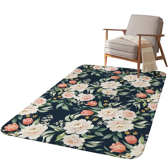 5.25'x6.56' Area Rug for Living Room, Pink Floral Non Slip Soft Rugs for Bedroom Dining Room, Washable Low Pile Rugs Kitchen Nursery Floor Mat Throw Carpet Peonies Flowers Country Leaves Plants Navy