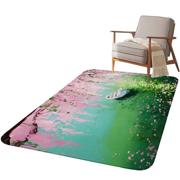 5.25'x6.56' Area Rug for Living Room, Pink Flowers Non Slip Soft Rugs for Bedroom Dining Room, Washable Low Pile Rugs Kitchen Nursery Floor Mat Throw Carpet Green Lake Spring Plants Small Boat