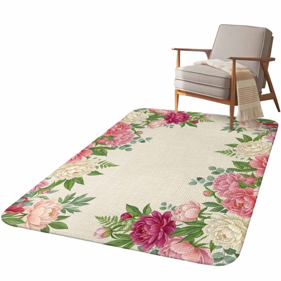5.25'x6.56' Area Rug for Living Room, Pink Flowers Non Slip Soft Rugs for Bedroom Dining Room, Washable Low Pile Rugs Kitchen Nursery Floor Mat Throw Carpet Spring Floral Farmhouse Botanical Rustic