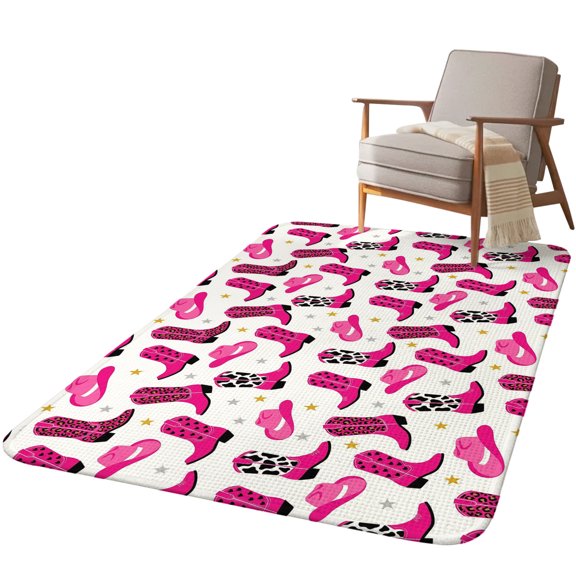 5.25'x6.56' Area Rug for Living Room, Pink Western Cowboys Non Slip Soft Rugs for Bedroom Dining Room, Washable Low Pile Rugs Kitchen Floor Mat Throw Carpet American Country Leopard Print Boots