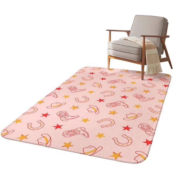 5.25'x6.56' Area Rug for Living Room, Pink Western Cowboys Non Slip Soft Rugs for Bedroom Dining Room, Washable Low Pile Rugs Kitchen Nursery Floor Mat Throw Carpet American Country Boots Horseshoe