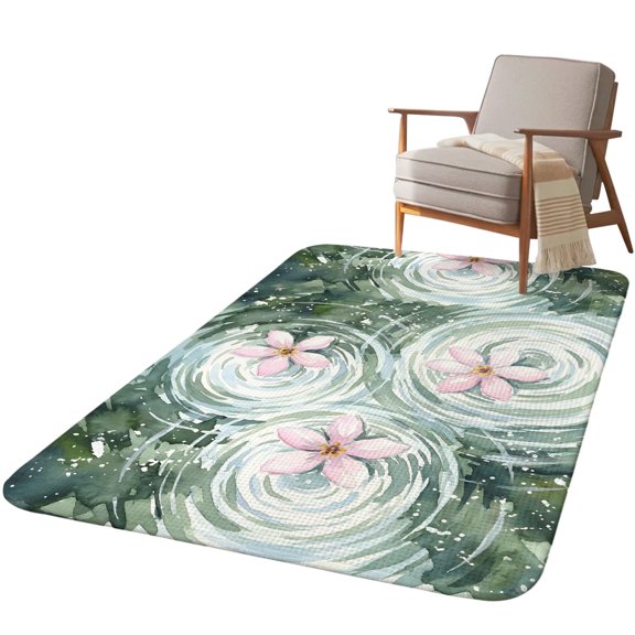 5.25'x6.56' Area Rug for Living Room, Pond Lotus Non Slip Soft Rugs for Bedroom Dining Room, Washable Low Pile Rugs Kitchen Floor Mat Throw Carpet Watercolor Pink Flowers Country Rustic Green Leaf