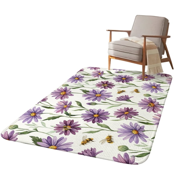5.25'x6.56' Area Rug for Living Room, Purple Spring Floral Non Slip Soft Rugs for Bedroom Dining Room, Washable Low Pile Rugs Kitchen Nursery Floor Mat Throw Carpet Summer Botanical Bee Floral Daisy