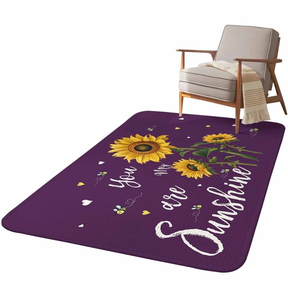 5.25'x6.56' Area Rug for Living Room, Purple Sunshine Sunflower Non Slip Soft Rugs for Bedroom Dining Room, Low Pile Rugs Kitchen Nursery Floor Mat Throw Carpet Pastoral Bees Farmhouse Floral