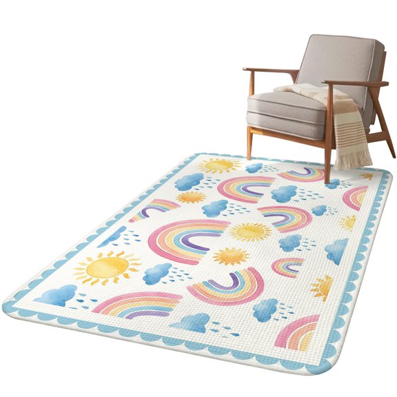 5.25'x6.56' Area Rug for Living Room, Rainbow Sunshine Non Slip Soft Rugs for Bedroom Dining Room, Washable Low Pile Rugs Kitchen Nursery Floor Mat Throw Carpet Rainy Cute Blue Border