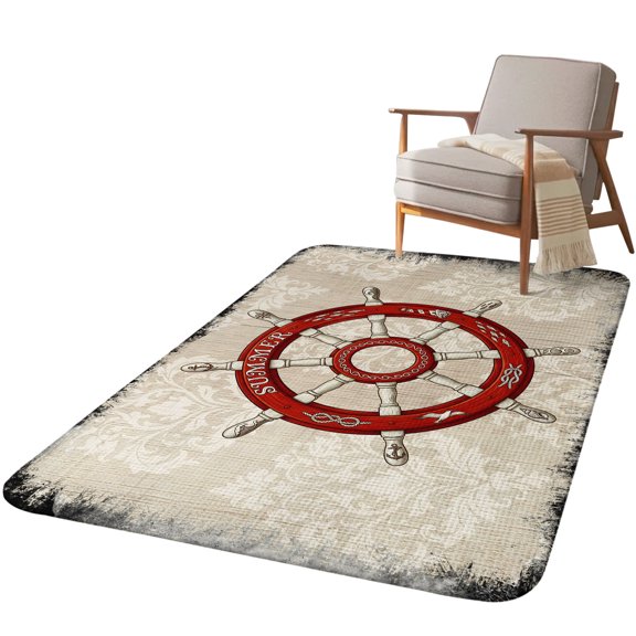 5.25'x6.56' Area Rug for Living Room, Red Anchor Nautical Non Slip Soft Rugs for Bedroom Dining Room, Washable Low Pile Rugs Kitchen Floor Mat Throw Carpet Coastal Ocean Summer Sea Vintage Art