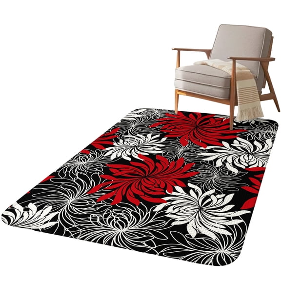 5.25'x6.56' Area Rug for Living Room, Red Black Flowers Non Slip Soft Rugs for Bedroom Dining Room, Washable Low Pile Rugs Kitchen Floor Mat Throw Carpet Abstract Botanical Floral Textured Plant