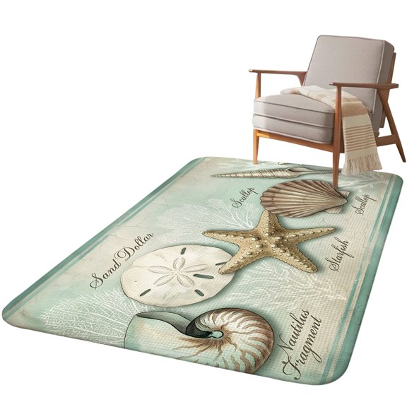 5.25'x6.56' Area Rug for Living Room, Rustic Coastal Non Slip Soft Rugs for Bedroom Dining Room, Washable Low Pile Rugs Kitchen Floor Mat Throw Carpet Sand Dollar Starfish Shells Vintage Beach