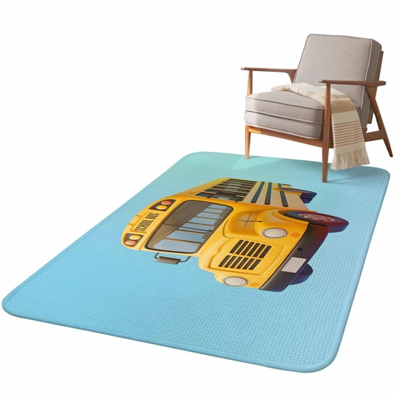 5.25'x6.56' Area Rug for Living Room, School Bus Non Slip Soft Rugs for Bedroom Dining Room, Low Pile Rugs Kitchen Nursery Floor Mat Throw Carpet Cartoon Funny Yellow Transportation Truck Blue
