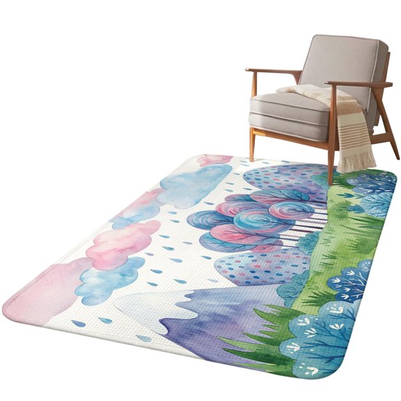 5.25'x6.56' Area Rug for Living Room, Simple Line-drawing Forest Non Slip Soft Rugs for Bedroom Dining Room, Washable Low Pile Rugs Kitchen Nursery Floor Mat Throw Carpet Colorful Rainy Mountain
