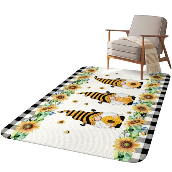 5.25'x6.56' Area Rug for Living Room, Spring Bee Gnomes Non Slip Soft Rugs for Bedroom Dining Room, Washable Low Pile Rugs Kitchen Nursery Floor Mat Throw Carpet Sunflowers Black Checkered