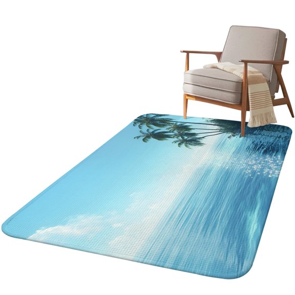5.25'x6.56' Area Rug for Living Room, Summer Palm Tree Non Slip Soft Rugs for Bedroom Dining Room, Washable Low Pile Rugs Kitchen Nursery Floor Mat Throw Carpet Coastal Waves Sunshine Tropical Plants