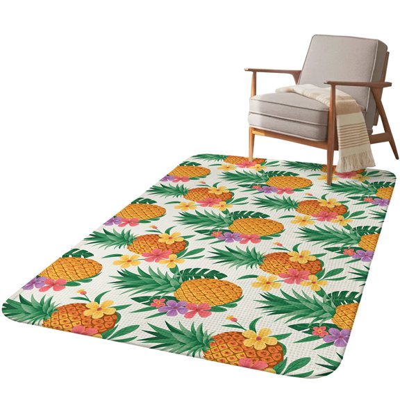 5.25'x6.56' Area Rug for Living Room, Summer Pineapple Non Slip Soft Rugs for Bedroom Dining Room, Washable Low Pile Rugs Kitchen Nursery Floor Mat Throw Carpet Tropical Fruit Flowers Palm Leaves