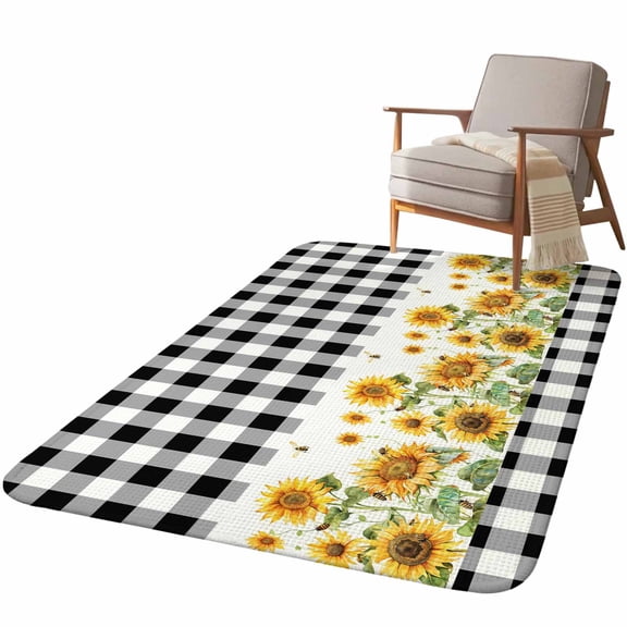 5.25'x6.56' Area Rug for Living Room, Sunflower Non Slip Soft Rugs for Bedroom Dining Room, Washable Low Pile Rugs Kitchen Nursery Floor Mat Throw Carpet Black White Buffalo Plaid Check Country Bee