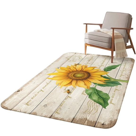 5.25'x6.56' Area Rug for Living Room, Sunflower Non Slip Soft Rugs for Bedroom Dining Room, Washable Low Pile Rugs Kitchen Nursery Floor Mat Throw Carpet Yellow Summer Botanical Bees Pastoral Wooden