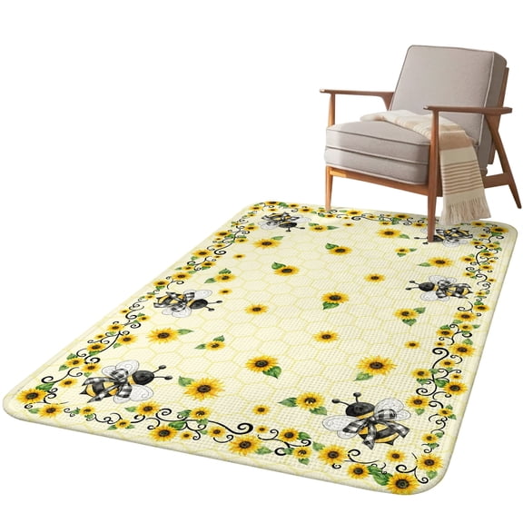 5.25'x6.56' Area Rug for Living Room, Sunflowers Bee Non Slip Soft Rugs for Bedroom Dining Room, Washable Low Pile Rugs Kitchen Floor Mat Throw Carpet Summer Watercolor Farmhouse Country Yellow