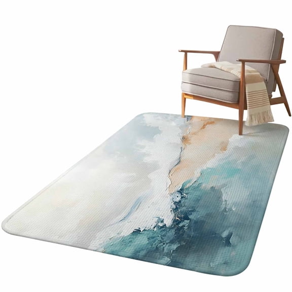 5.25'x6.56' Area Rug for Living Room, Teal Beige Non Slip Soft Rugs for Bedroom Dining Room, Washable Low Pile Rugs Kitchen Nursery Floor Mat Throw Carpet Modern Oil Painting Art Coastal