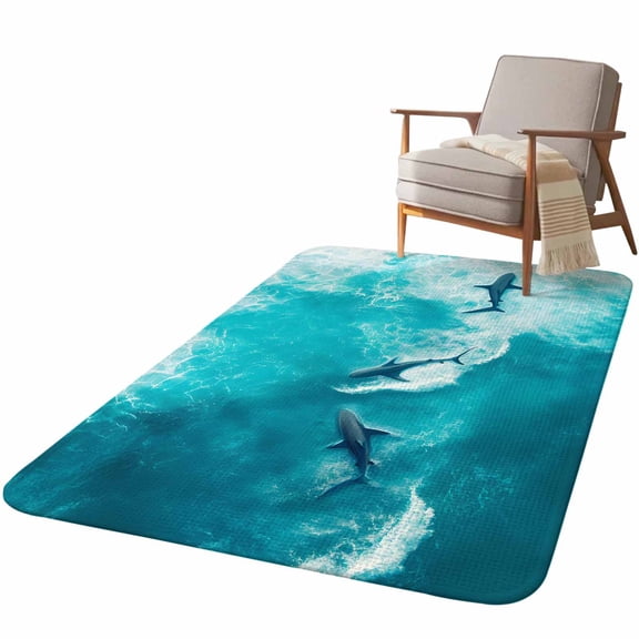 5.25'x6.56' Area Rug for Living Room, Teal Blue Ocean Shark Non Slip Soft Rugs for Bedroom Dining Room, Washable Low Pile Rugs Kitchen Nursery Floor Mat Throw Carpet Coastal Wave Summer Beach