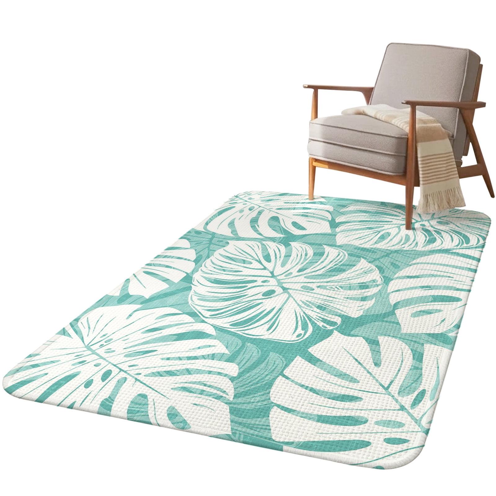 5.25'x6.56' Area Rug for Living Room, Teal Green Monstera Deliciosa Non ...