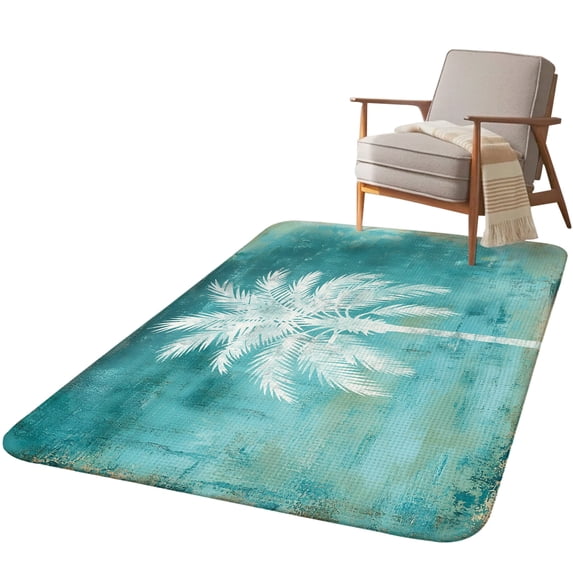 5.25'x6.56' Area Rug for Living Room, Teal Summer Palm Tree Non Slip Soft Rugs for Bedroom Dining Room, Washable Low Pile Rugs Kitchen Floor Mat Throw Carpet Coastal Beach Tropical Botanical Vintage