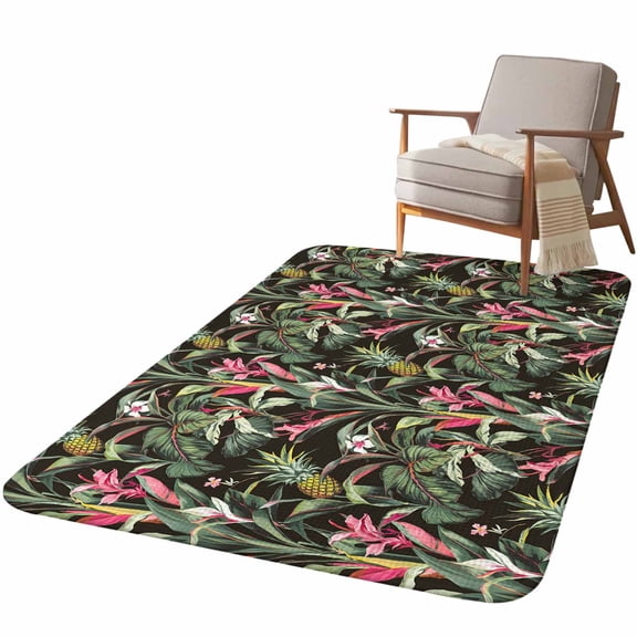 5.25'x6.56' Area Rug for Living Room, Tropical Pineapple Non Slip Soft Rugs for Bedroom Dining Room, Washable Low Pile Rugs Kitchen Nursery Floor Mat Throw Carpet Pink Green Botanical Leaves