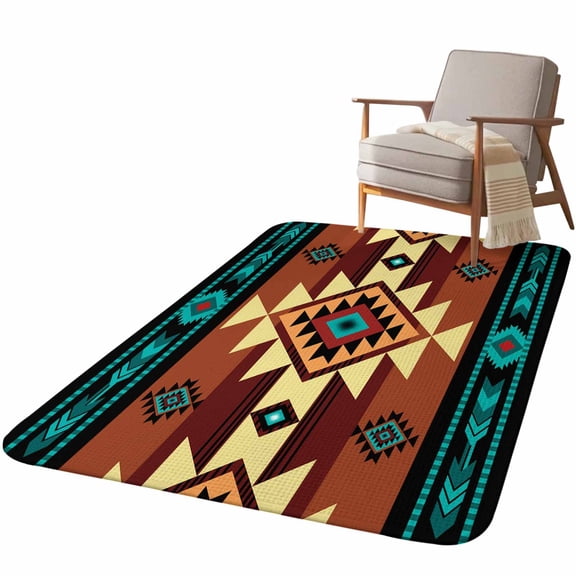 5.25'x6.56' Area Rug for Living Room, Turquoise Red Non Slip Soft Rugs for Bedroom Dining Room, Low Pile Rugs Kitchen Nursery Floor Mat Throw Carpet Southwest American Native Abstract Pattern