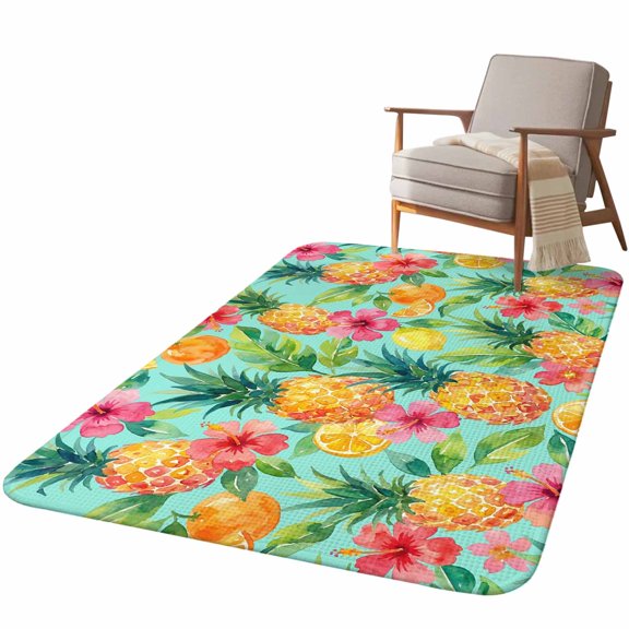 5.25'x6.56' Area Rug for Living Room, Turquoise Summer Pineapple Non Slip Soft Rugs for Bedroom Dining Room, Washable Low Pile Rugs Kitchen Nursery Floor Mat Throw Carpet Tropical Lemon Fruits Leaves