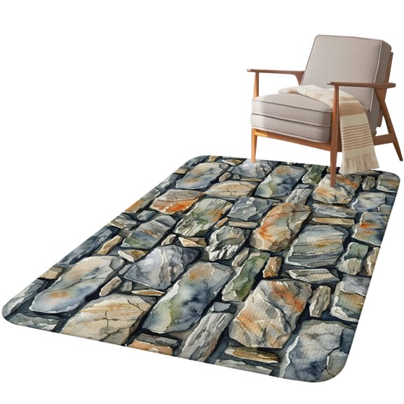 5.25'x6.56' Area Rug for Living Room, Vintage Stone Wall Non Slip Soft Rugs for Bedroom Dining Room, Washable Low Pile Rugs Kitchen Nursery Floor Mat Throw Carpet Farmhouse Abstract Art Brown