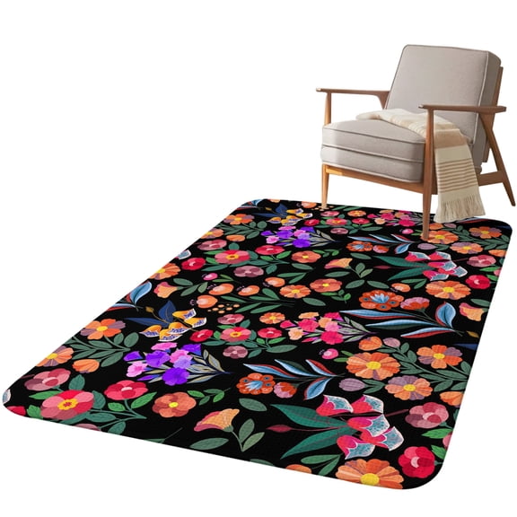 5.25'x6.56' Area Rug for Living Room, Watercolor Flowers Non Slip Soft Rugs for Bedroom Dining Room, Low Pile Rugs Kitchen Nursery Floor Mat Throw Carpet Retro Spring Floral Botanical Leaves Black