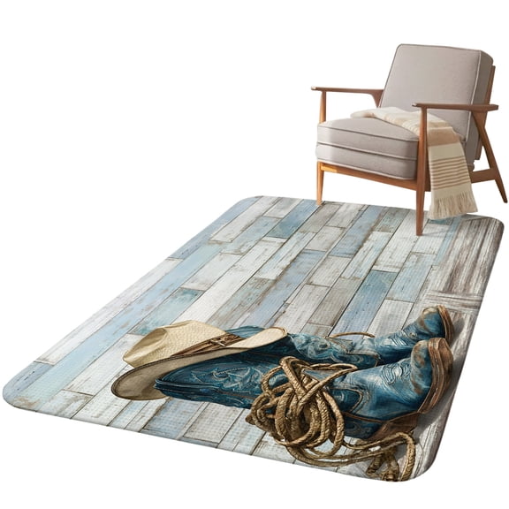 5.25'x6.56' Area Rug for Living Room, Western Cowboy Boots Non Slip Soft Rugs for Bedroom Dining Room, Washable Low Pile Rugs Kitchen Nursery Floor Mat Throw Carpet Vintage Country Blue Wooden