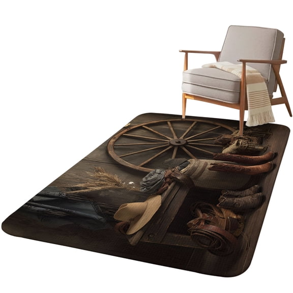5.25'x6.56' Area Rug for Living Room, Western Vintage Non Slip Soft Rugs for Bedroom Dining Room, Washable Low Pile Rugs Kitchen Nursery Floor Mat Throw Carpet Country Cowboy Boots Cow Skulls Retro