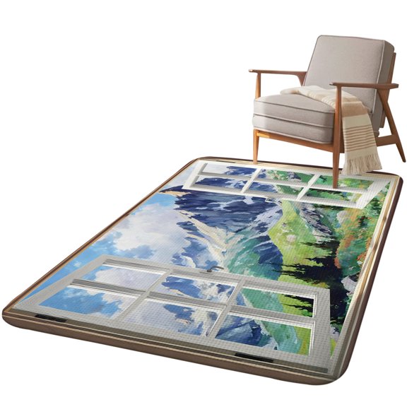 5.25'x6.56' Area Rug for Living Room, Window Mountain View Non Slip Soft Rugs for Bedroom Dining Room, Washable Low Pile Rugs Kitchen Nursery Floor Mat Throw Carpet Nature Scenic Lush Alpine Valley