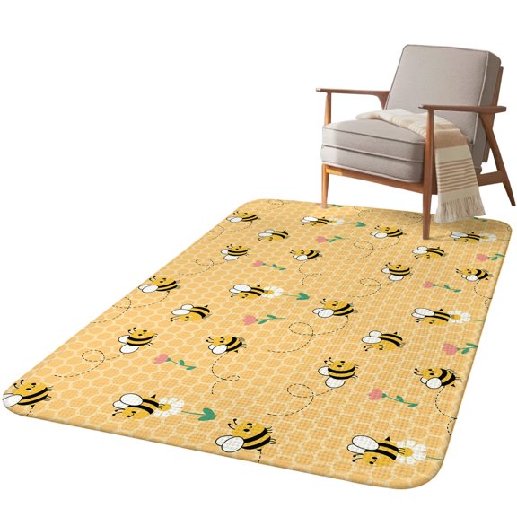 5.25'x6.56' Area Rug for Living Room, Yellow Beige Bee Non Slip Soft Rugs for Bedroom Dining Room, Washable Low Pile Rugs Kitchen Nursery Floor Mat Throw Carpet Spring Floral Elegant Pastoral Flowers