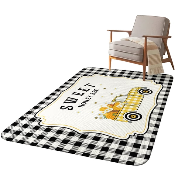 5.25'x6.56' Area Rug for Living Room, Yellow Truck Non Slip Soft Rugs for Bedroom Dining Room, Washable Low Pile Rugs Kitchen Nursery Floor Mat Throw Carpet Spring Bees Honey Daisy Black Lattices