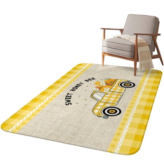 5.25'x6.56' Area Rug for Living Room, Yellow Truck Non Slip Soft Rugs for Bedroom Dining Room, Washable Low Pile Rugs Kitchen Nursery Floor Mat Throw Carpet Spring Botanical Daisy Bee Star Lattice