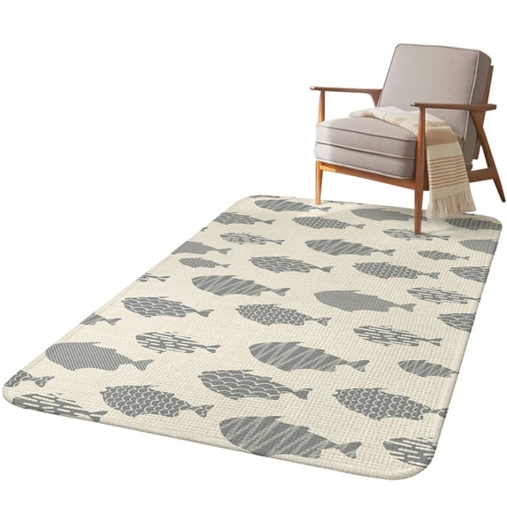5.25'x7.55' Area Rug for Living Room, Abstract Art Fish Grey Non Slip Soft Large Rugs for Bedroom Dining Room Office, Washable Low Pile Rugs Kitchen Floor Mat Coastal Ocean Summer Linen Texture
