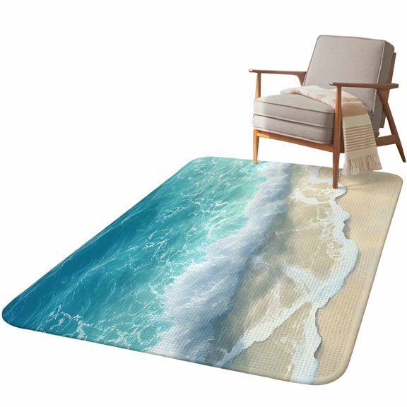 5.25'x7.55' Area Rug for Living Room, Aqua Blue Beach Non Slip Soft Large Rugs for Bedroom Dining Room Office, Washable Low Pile Rugs Kitchen Nursery Floor Mat Coastal Seawaves Sand Shore Scenery