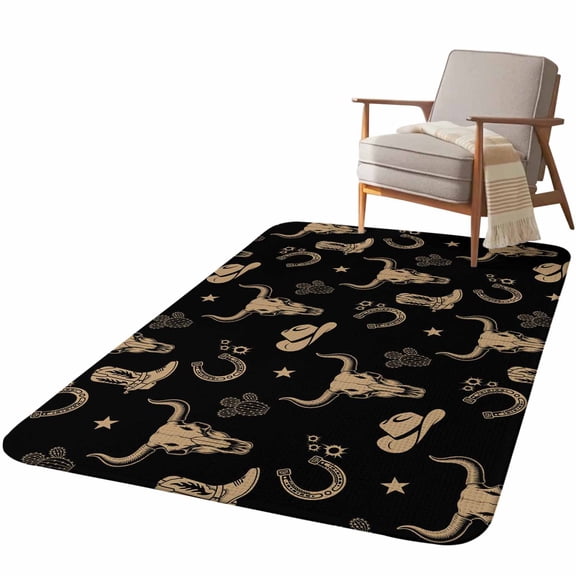 5.25'x7.55' Area Rug for Living Room, Black Cow Skull Non Slip Soft Large Rugs for Bedroom Dining Room Office, Washable Low Pile Rugs Kitchen Nursery Floor Mat Southwestern Vintage Cowboy Boots