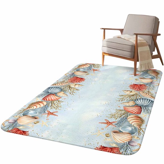 5.25'x7.55' Area Rug for Living Room, Blue Coastal Non Slip Soft Large Rugs for Bedroom Dining Room Office, Washable Low Pile Rugs Kitchen Nursery Floor Mat Summer Beach Starfish Shell Coral