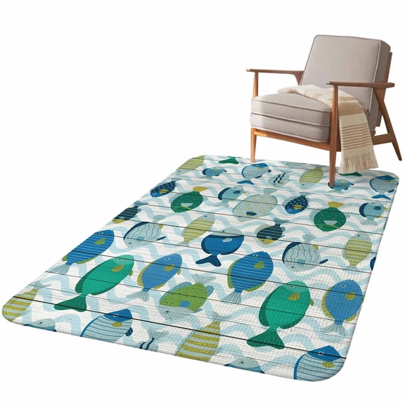 5.25'x7.55' Area Rug for Living Room, Blue Fishes Non Slip Soft Large Rugs for Bedroom Dining Room Office, Washable Low Pile Rugs Kitchen Nursery Floor Mat Cartoon Coastal Ocean Fish Striped Wooden