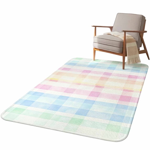 5.25'x7.55' Area Rug for Living Room, Blue Pink Plaid Non Slip Soft Large Rugs for Bedroom Dining Room Office, Washable Low Pile Rugs Kitchen Nursery Floor Mat Pastel Green White Buffalo Patchwork