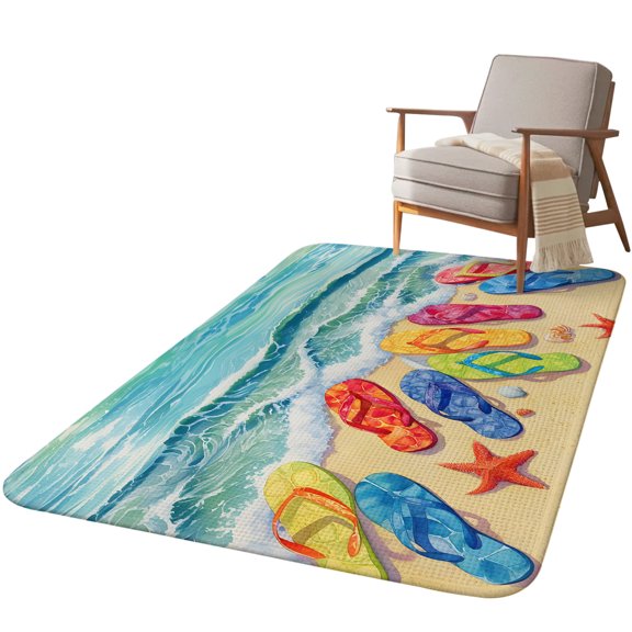 5.25'x7.55' Area Rug for Living Room, Coastal Beach Non Slip Soft Large Rugs for Bedroom Dining Room Office, Washable Low Pile Rugs Kitchen Floor Mat Summer Nautical Ocean Sea Waves Blue Brown