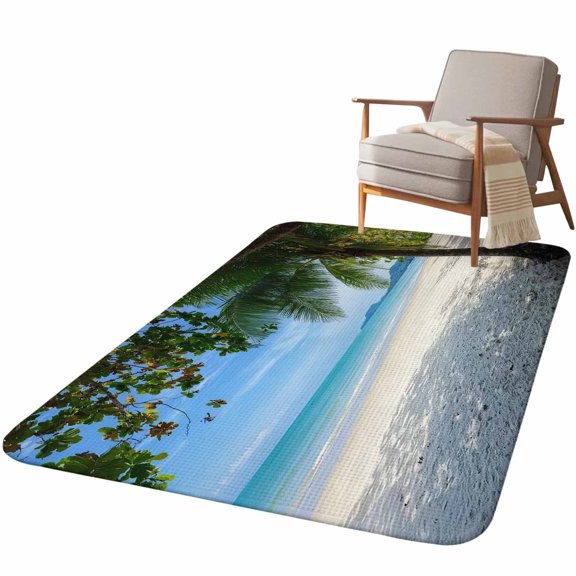 5.25'x7.55' Area Rug for Living Room, Coastal Beach Non Slip Soft Large Rugs for Bedroom Dining Room Office, Washable Low Pile Rugs Kitchen Nursery Floor Mat Summer Ocean Sea Modern Palm Coconut Tree