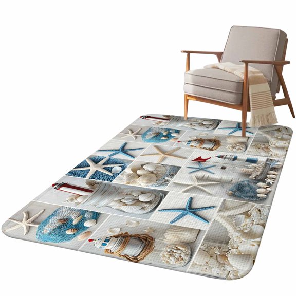 5.25'x7.55' Area Rug for Living Room, Coastal Non Slip Soft Large Rugs for Bedroom Dining Room Office, Washable Low Pile Rugs Kitchen Nursery Floor Mat Summer Beach Starfish Nautical Sea Shell