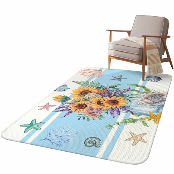 5.25'x7.55' Area Rug for Living Room, Coastal Sunflower Non Slip Soft Large Rugs for Bedroom Dining Room Office, Washable Low Pile Rugs Kitchen Nursery Floor Mat Blue Summer Beach Starfish Shell