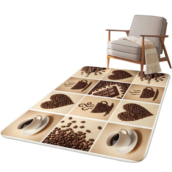 5.25'x7.55' Area Rug for Living Room, Coffee Beans Non Slip Soft Large Rugs for Bedroom Dining Room Office, Washable Low Pile Rugs Kitchen Floor Mat Light Brown Love Heat Coffee Chocolate Plaid