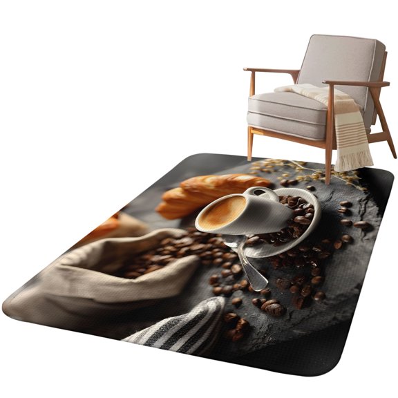 5.25'x7.55' Area Rug for Living Room, Coffee Beans Non Slip Soft Large Rugs for Bedroom Dining Room Office, Washable Low Pile Rugs Kitchen Nursery Floor Mat Hot Latte Cup Bread Rustic Cafe Time